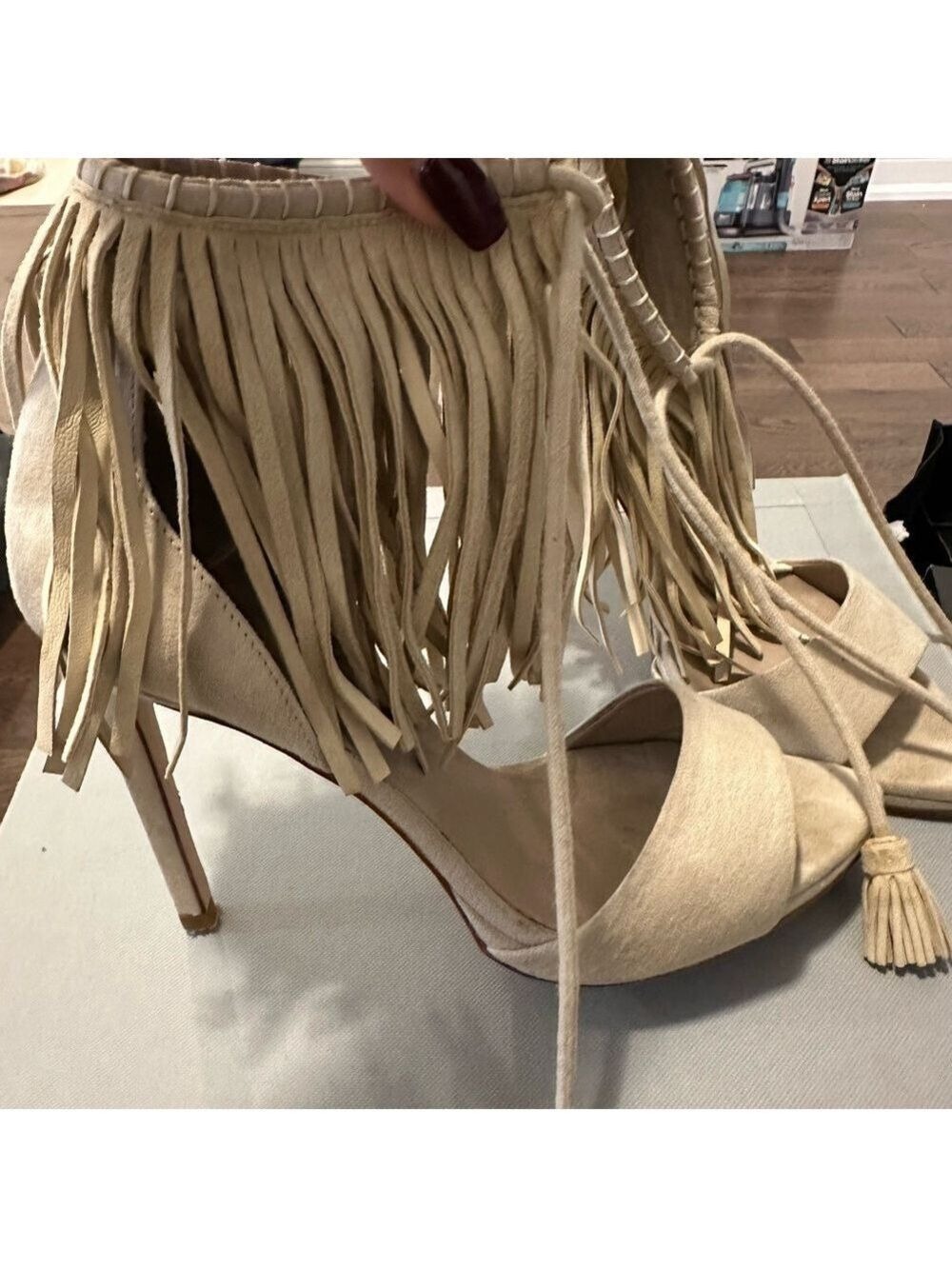 Zara Faux Suede Fringe Tassel Tie High Heel Sandals in Bone/Cream - Picture 9 of 15